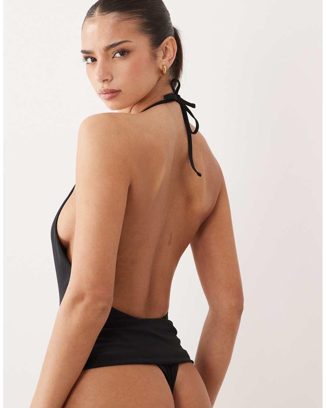 Oh Polly Black Snake Trim Plunge Halter Neck Swimsuit