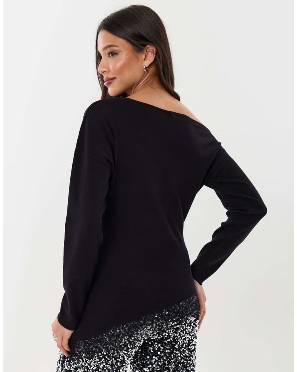 Threadbare Black Lace Hem Slash Neck Jumper