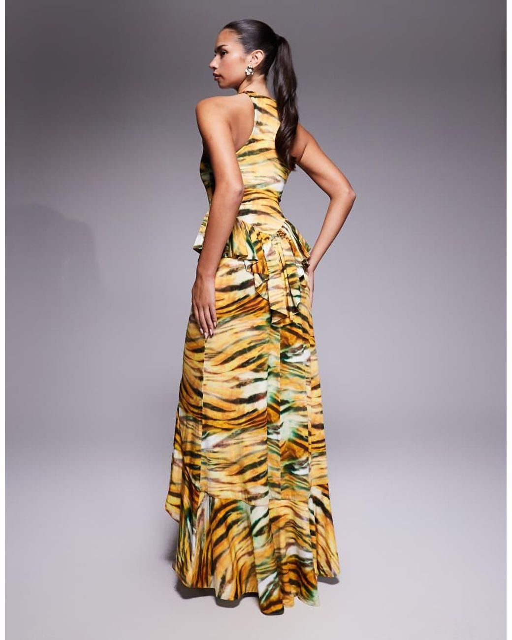 AFRM Metallic Slinky Racerneck Ruffle Detail Front Split Maxi Dress