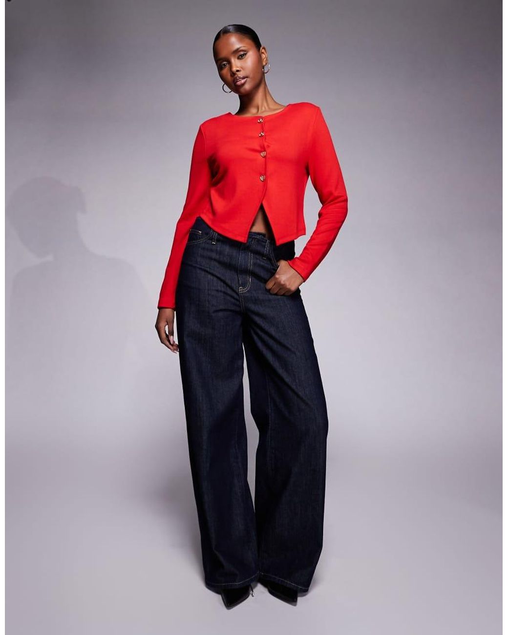 River Island Red Cropped Cardigan With Heart Buttons