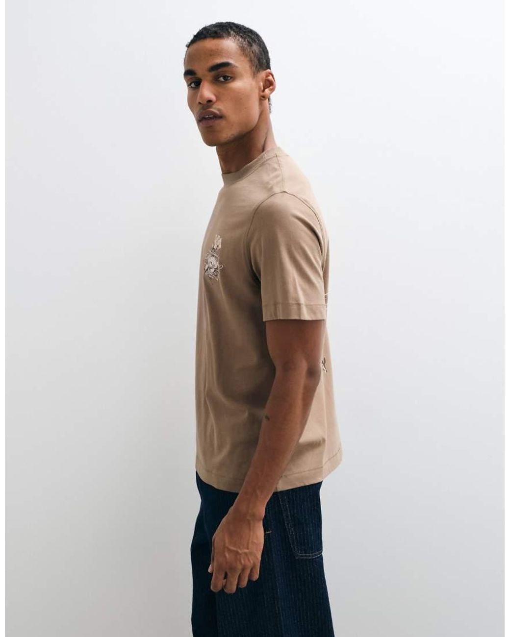 River Island Natural Regular Fit Cotton Floral T-Shirt for men
