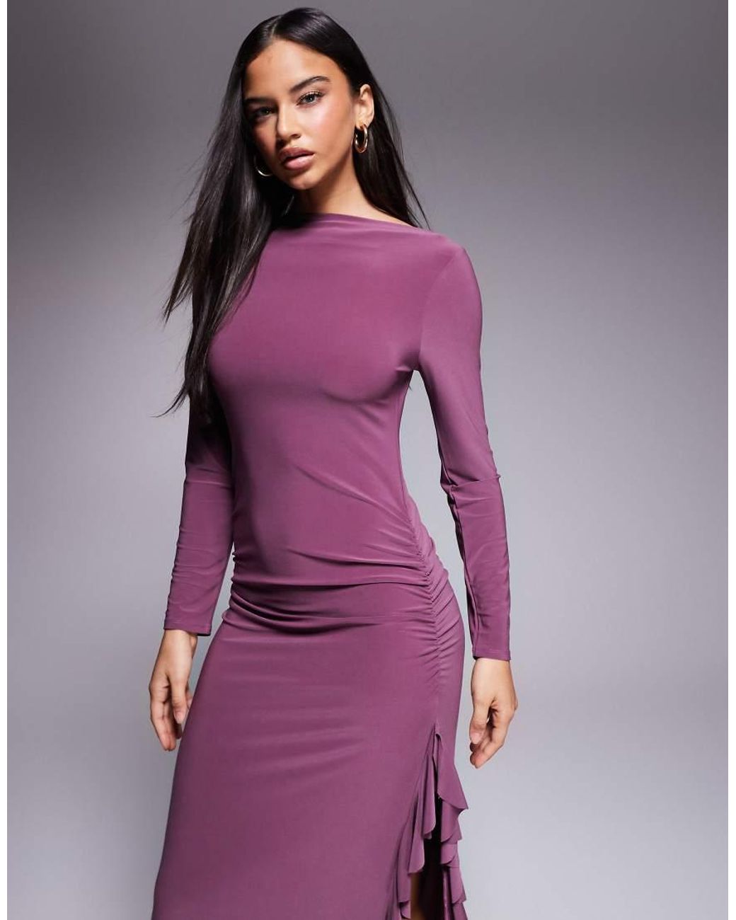 ASOS Purple Long Sleeve Frill Detail A Line Maxi Dress
