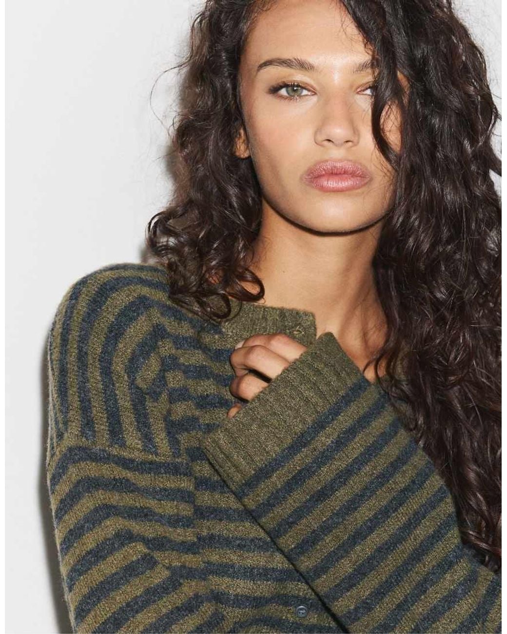 Stradivarius Green Striped Knit Cardigan