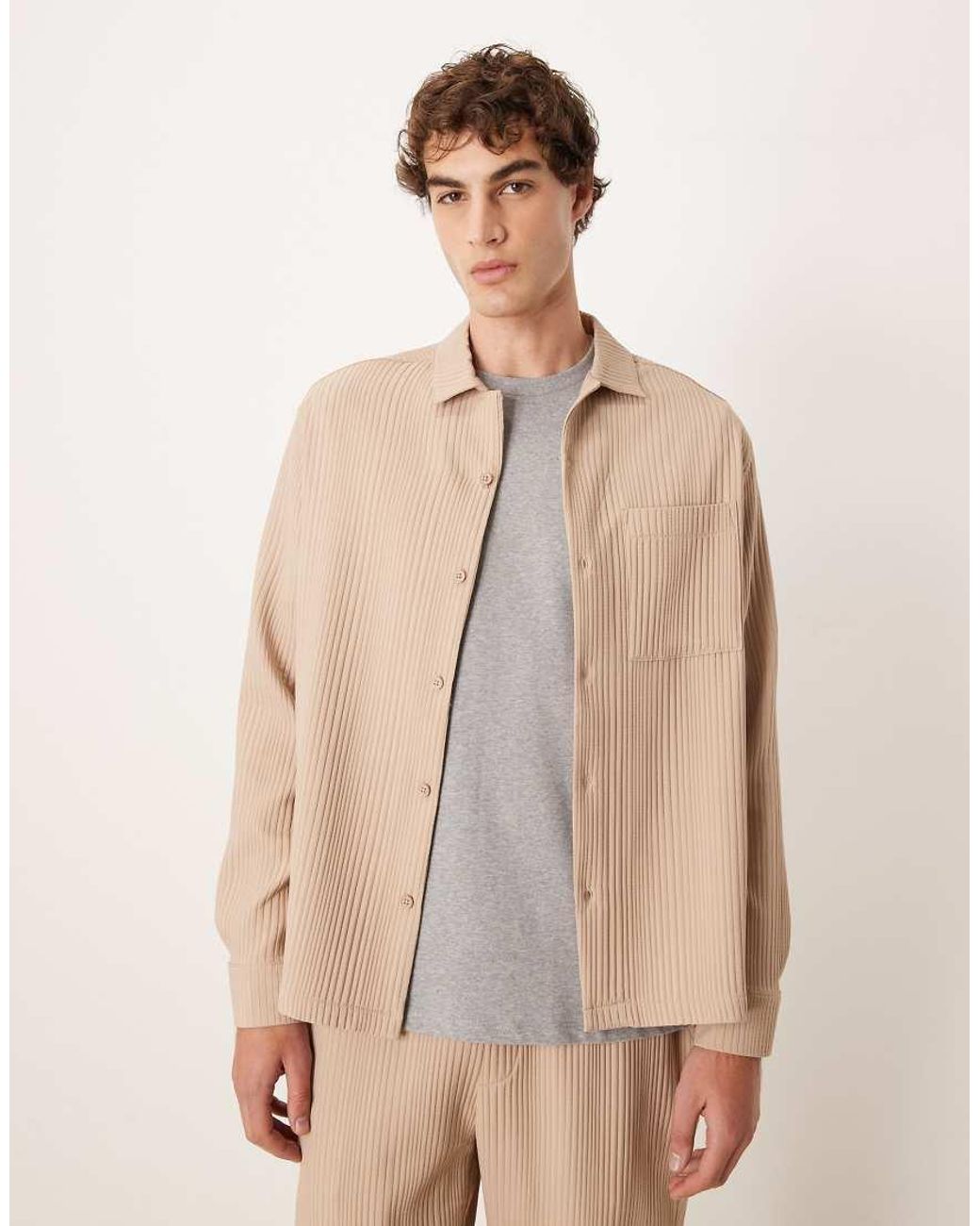 ASOS Natural Co-ord Relaxed Revere Plisse Shirt for men
