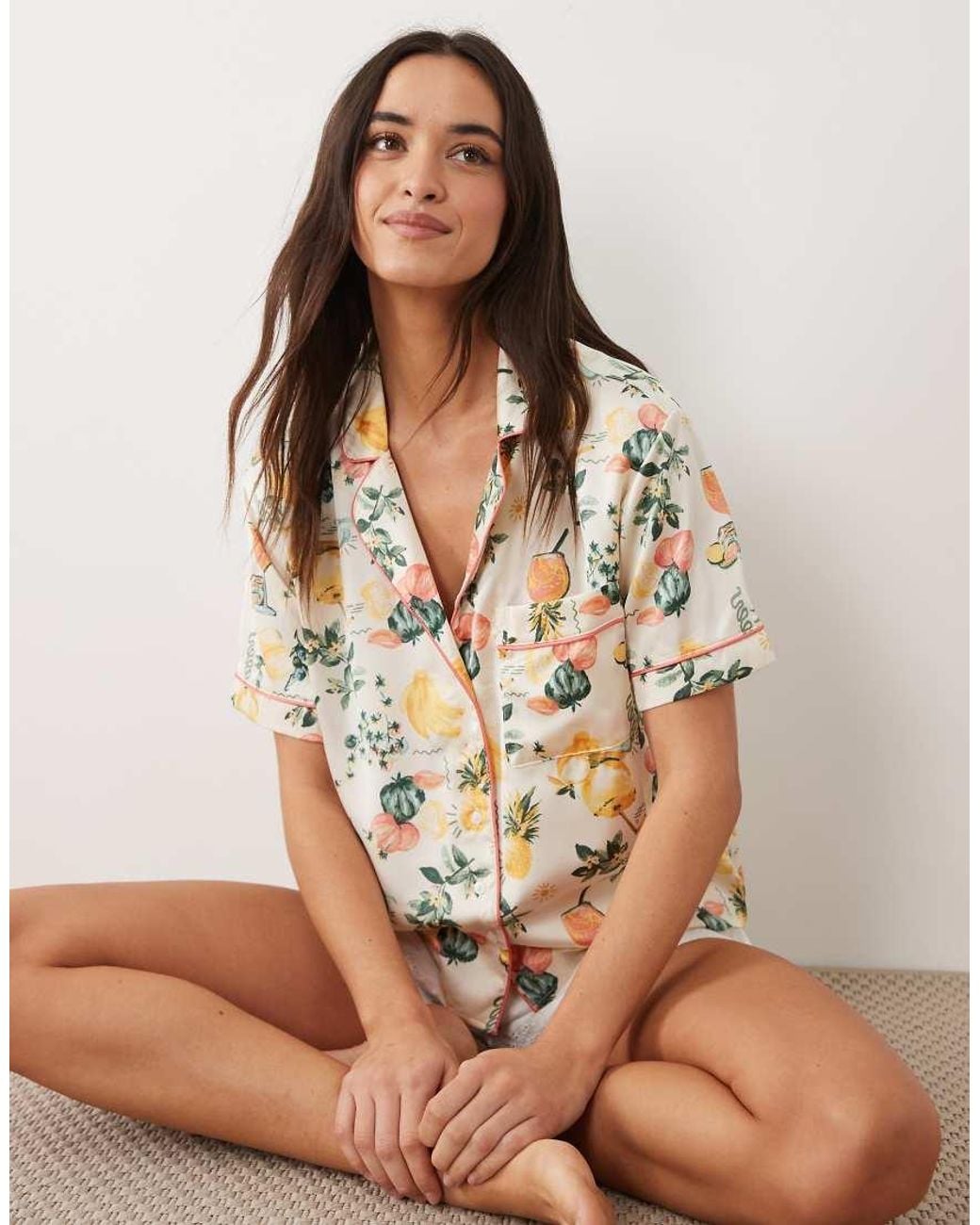 Abercrombie & Fitch Brown Satin Short Sleeve Pyjama Shirt Co-Ord