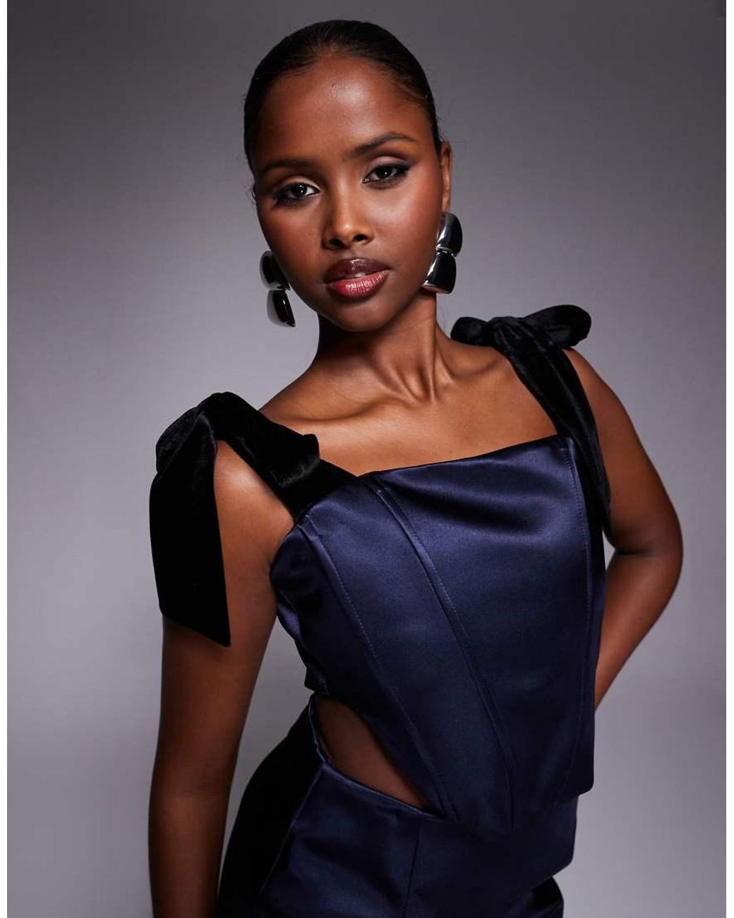 ASOS Blue Bonded Satin Corset Cut Out Mini Dress With Velvet Tie Shoulder