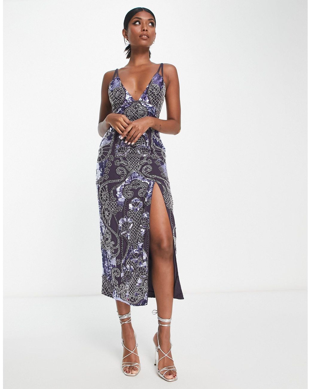 ASOS Strappy Midi Dress With Floral Embellished Artwork And Pearl