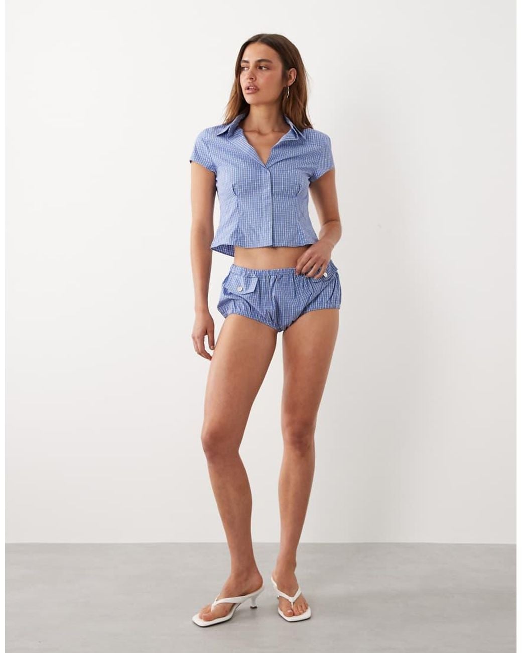Mango Blue Starring Hailey Bieber Gigi Cinched Waist Short Sleeve Shirt
