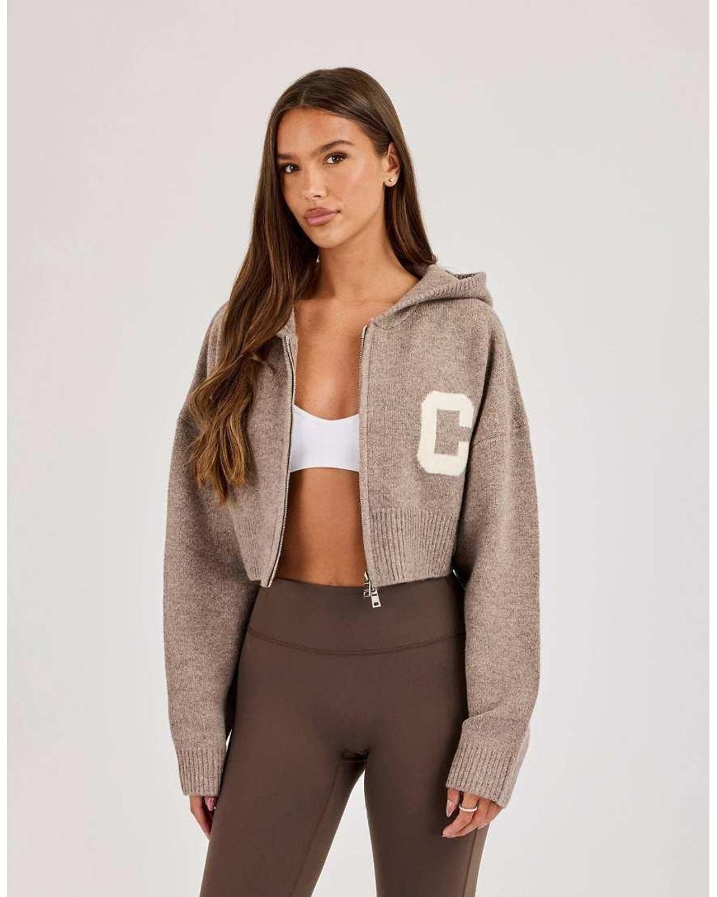 CERNUCCI Brown C Intarsia Cropped Zip Through Hoodie