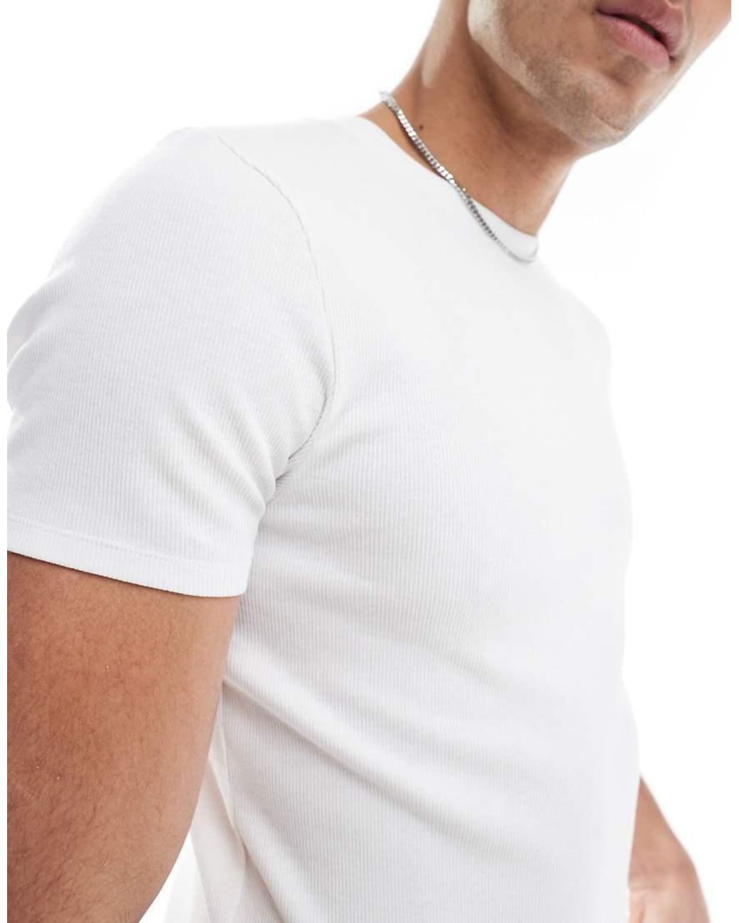 ASOS Basic Muscle Fit Geribbeld T-Shirt in het White voor heren