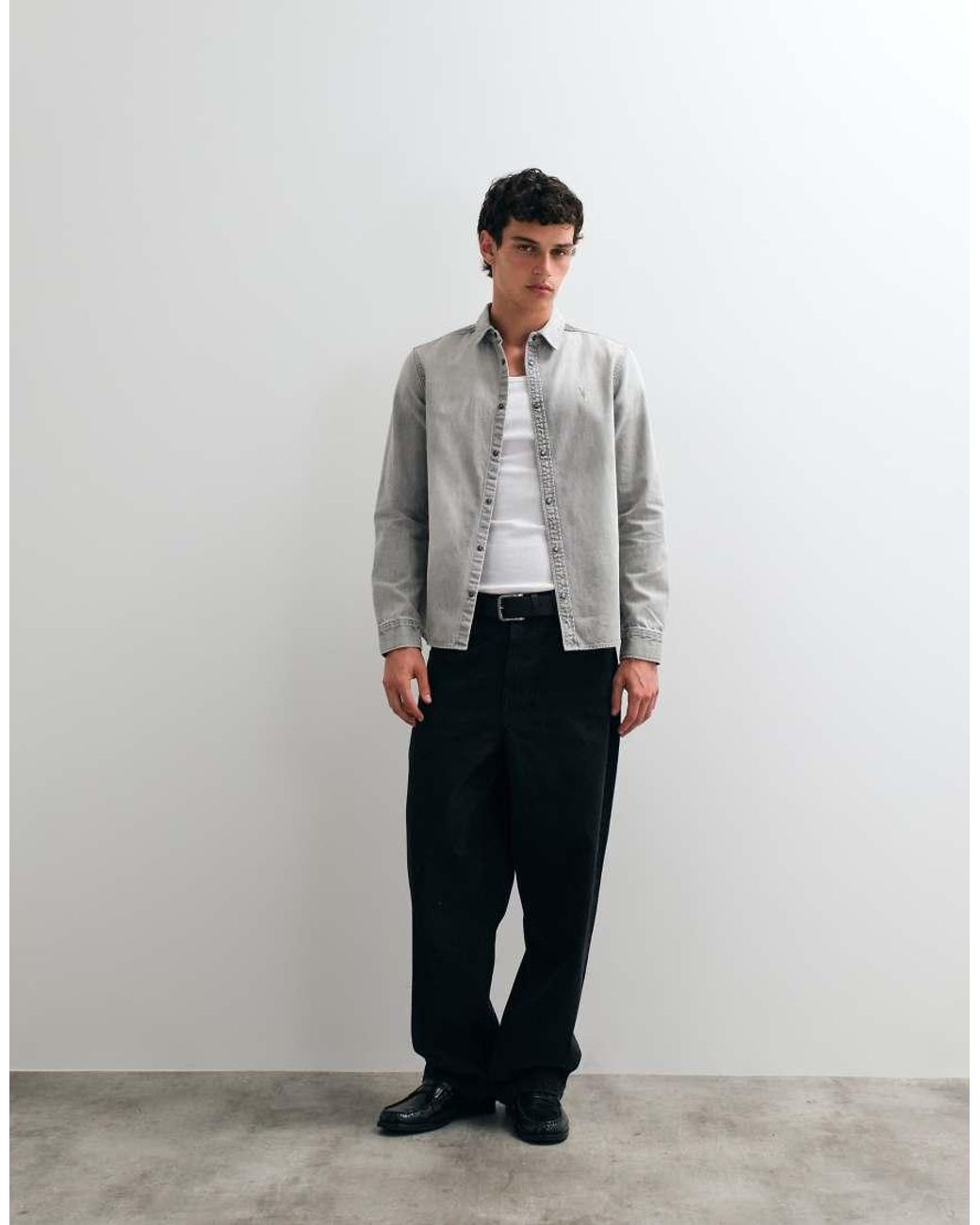 AllSaints Gray Gleason Long Sleeve Demin Logo Shirt for men