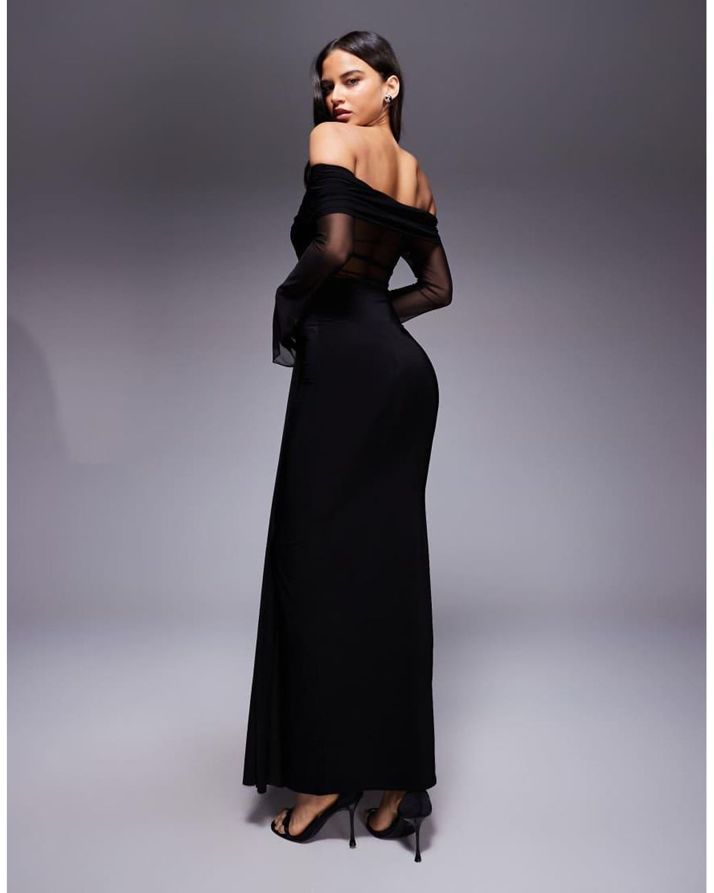 Kaiia Blue Exclusive Double Layered Slinky Foldover Bardot Sheer Panel Ruched Skirt Maxi Dress