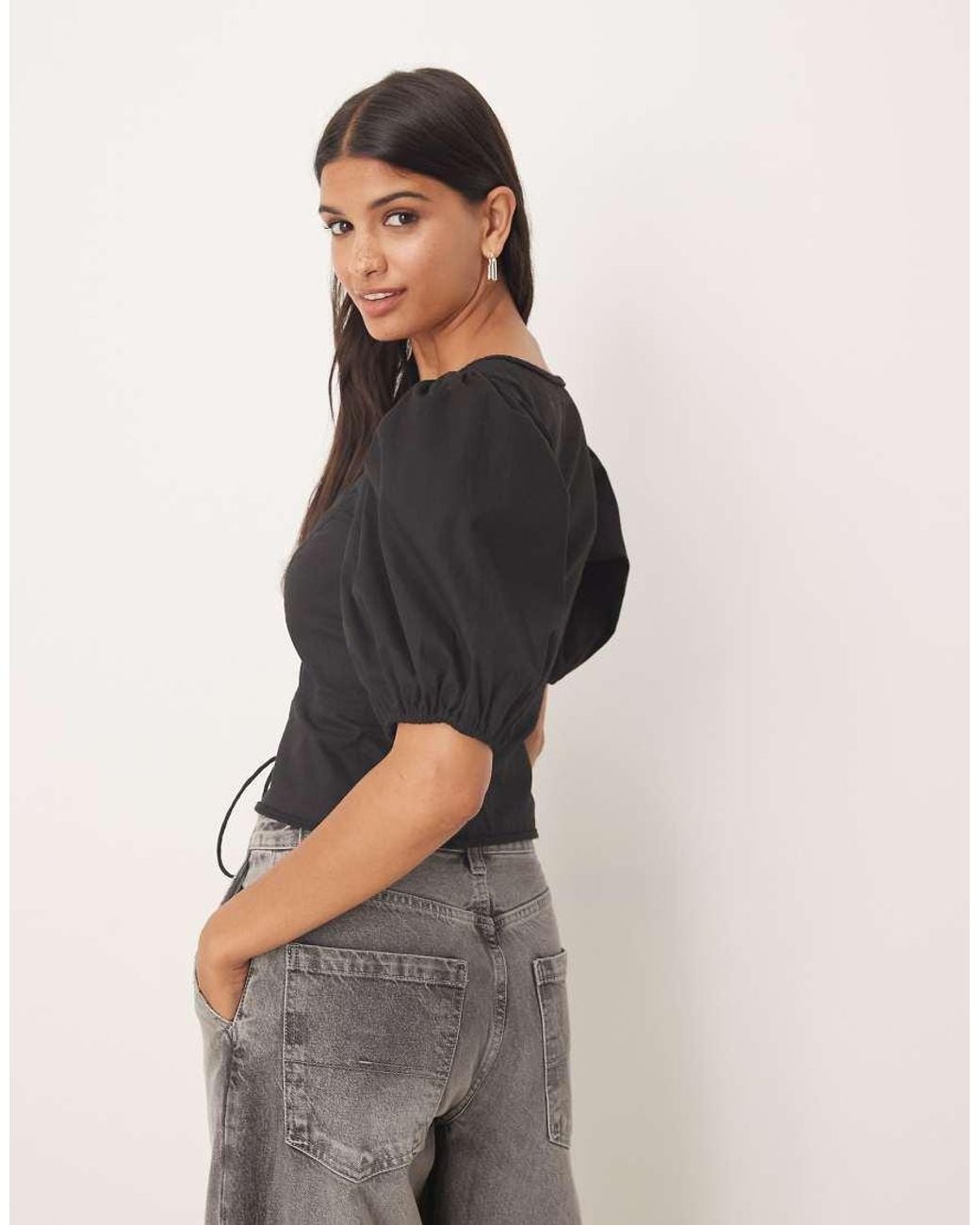 ASOS Gray Puff Sleeve Lace Up Front Top-black