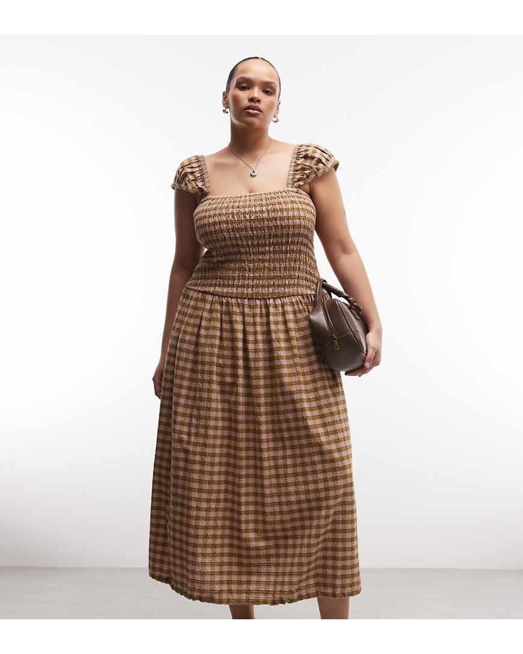 Collusion Brown Plus Shirred Cap Sleeve Midi Dress