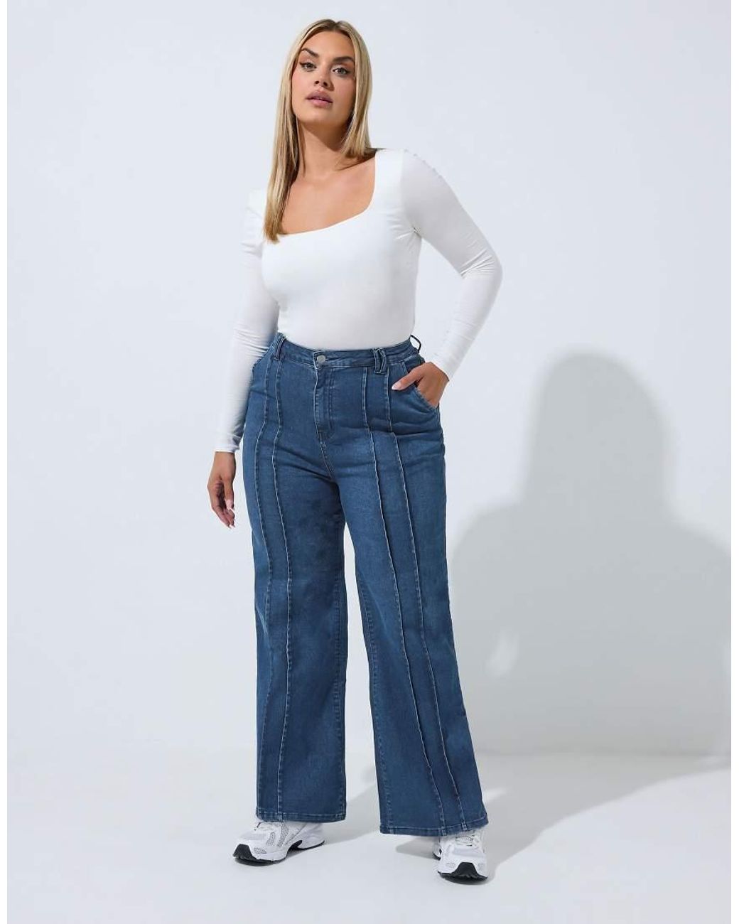 Yours Clothing Blue Seam Detail Wide Leg Jeans