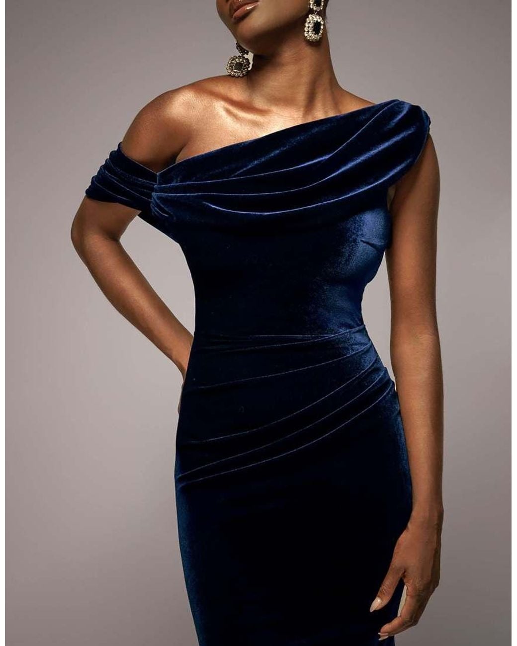 Goddiva Blue Cowl One Shoulder Velvet Maxi Dress