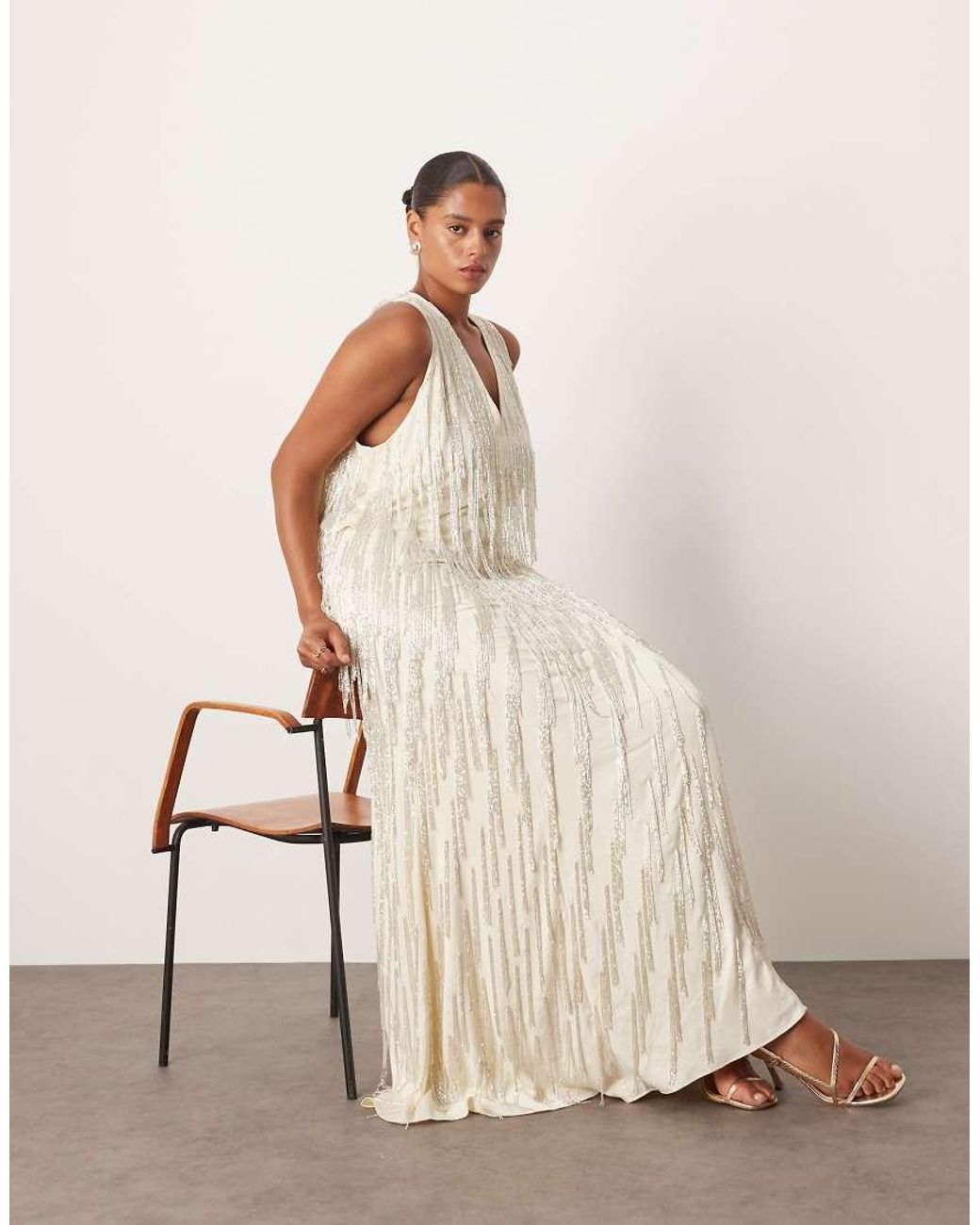 ARRANGE Natural Curve Beaded Fringe Maxi Dress With Splits