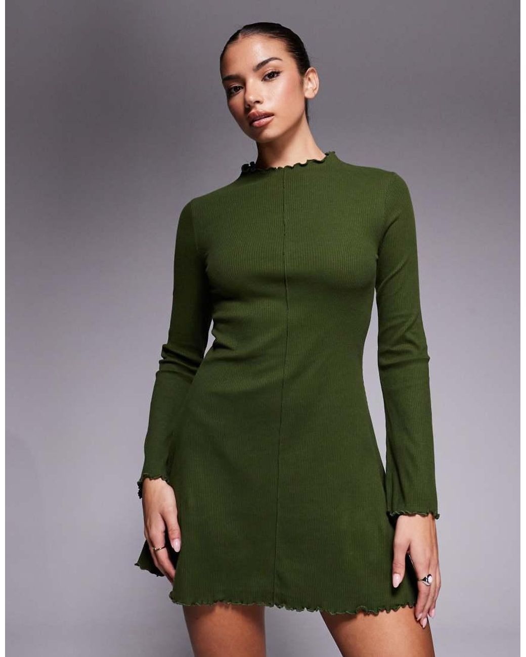 ASOS Ribbed Long Sleeve Lettuce Hem Mini Dress in Green | Lyst UK