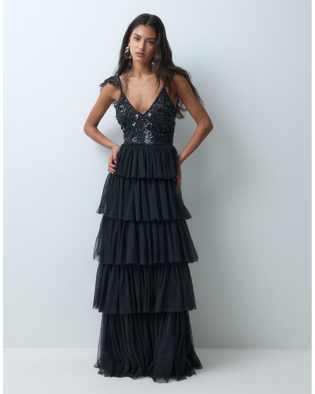 LACE & BEADS Blue Embellished Plunge Neck Cami Flutter Sleeve Tiered Skirt Maxi Dress