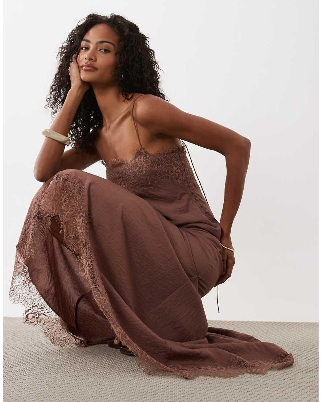 ASOS Brown Slip Cami Maxi Dress With Lace Insert