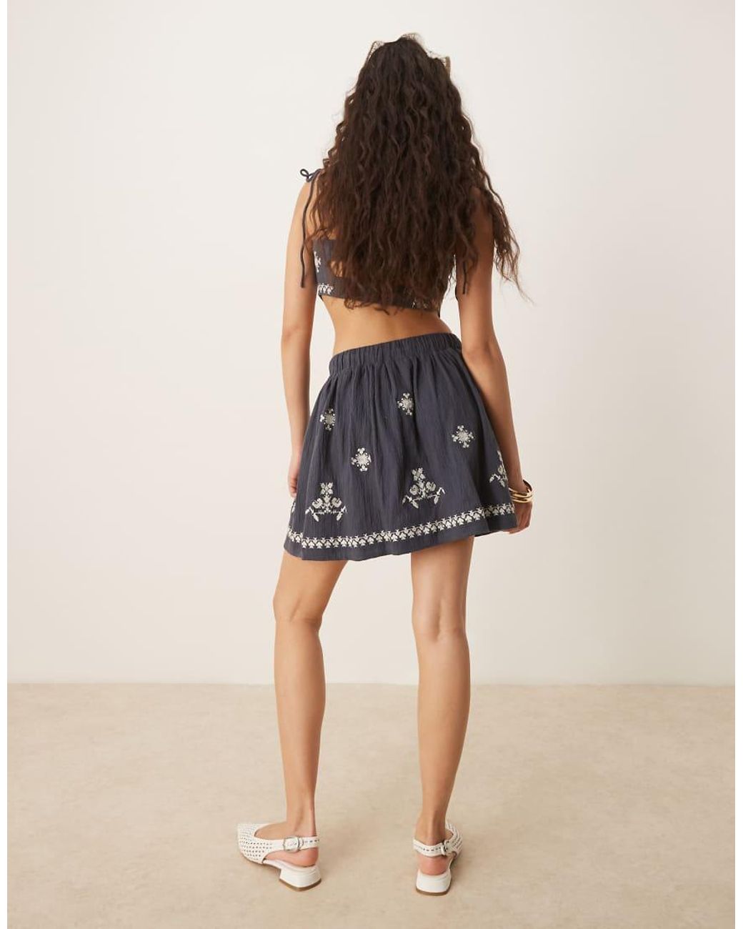 ASOS Blue Co-ord Crinkle Embroidered Mini Skirt