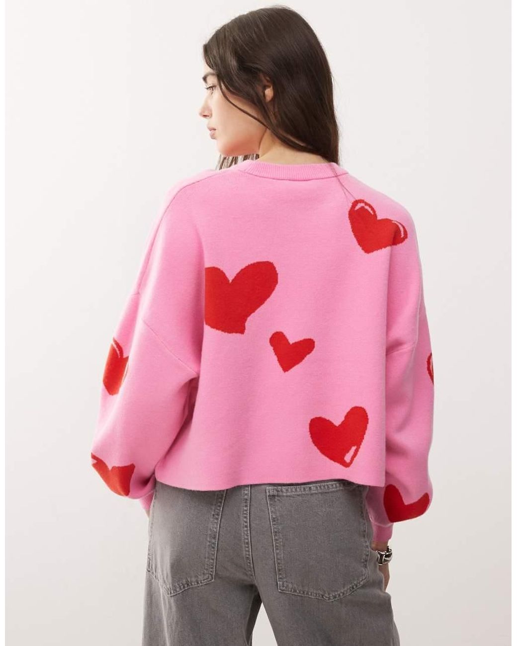 Noisy May Pink Red Heart Knit Jumper With Dump Him