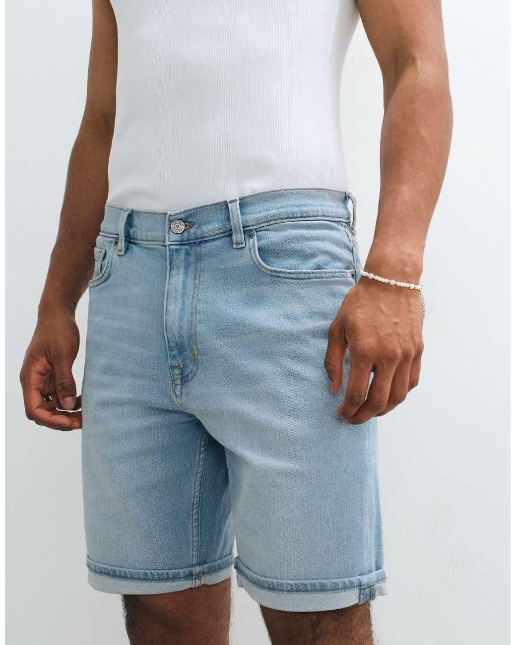 Mango Blue Slim Fit Roll Hem Denim Shorts for men