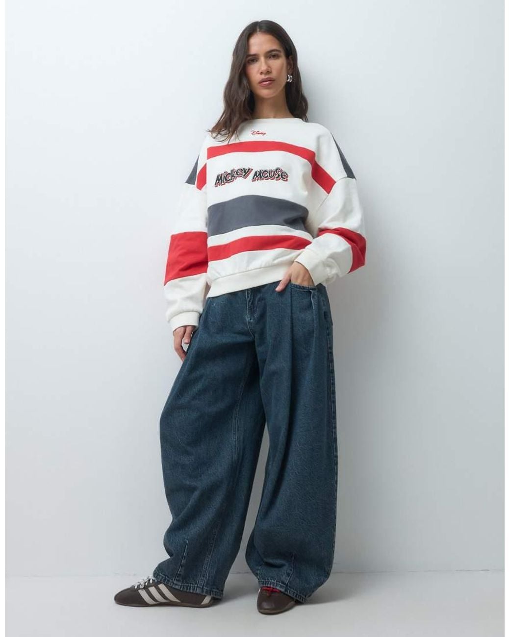 ASOS Gray Disney Stripe Contrast Sweatshirt With Mickey Mouse Print