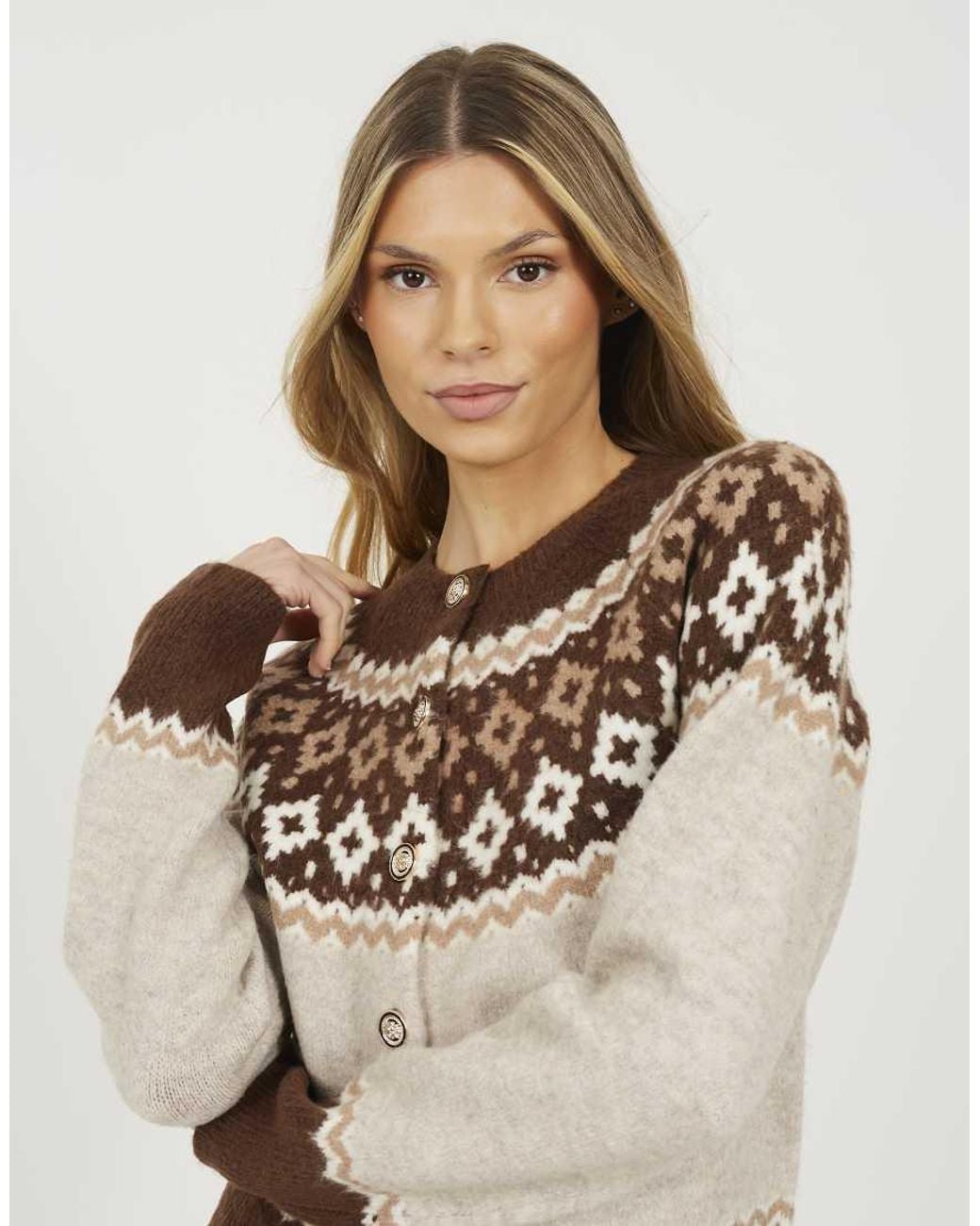 Brave Soul Natural Crew Neck Fairisle Knit Cardigan