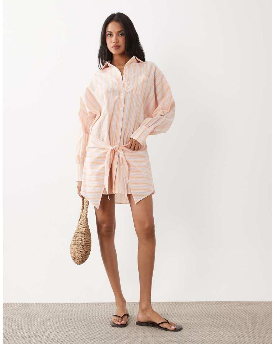 Noughts & Kisses Blue Pinstripe Wrap Waist Shirt Mini Dress