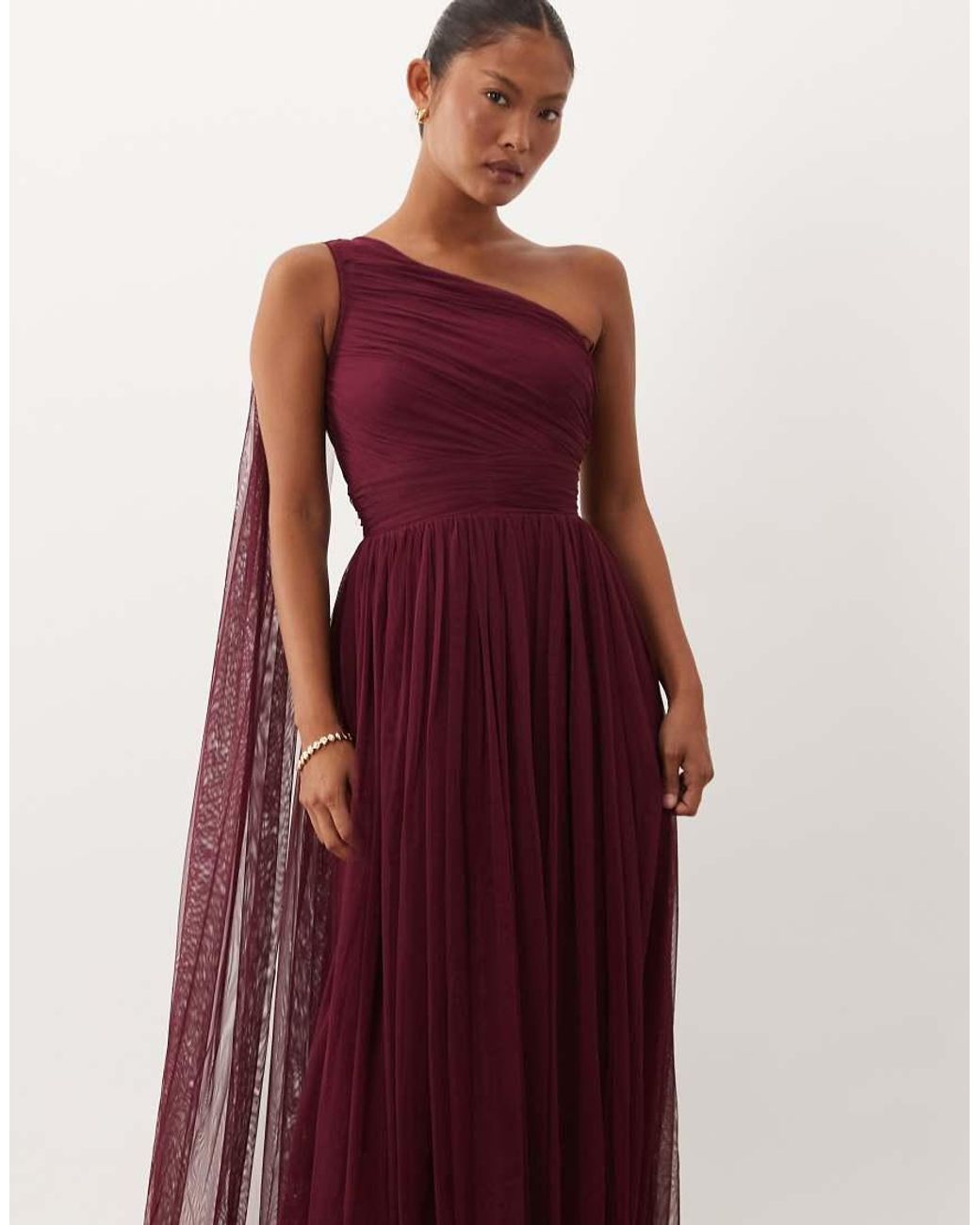 LACE & BEADS Red Bridesmaid One Shoulder Scarf Neck Maxi Dress