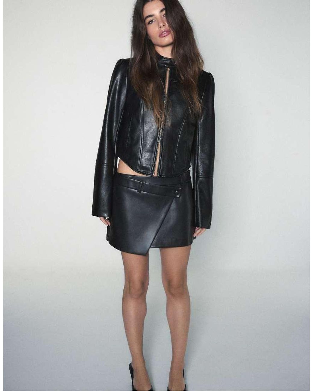Stradivarius Black Leather Effect Crossover Mini Skirt
