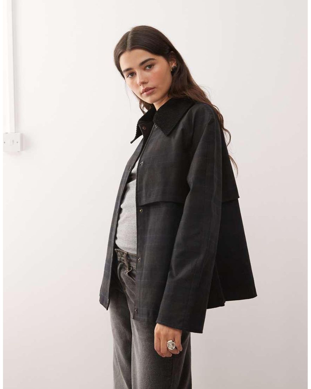 Reclaimed (vintage) Gray Waxed Cropped Trench Jacket With Oversized Cord Collar