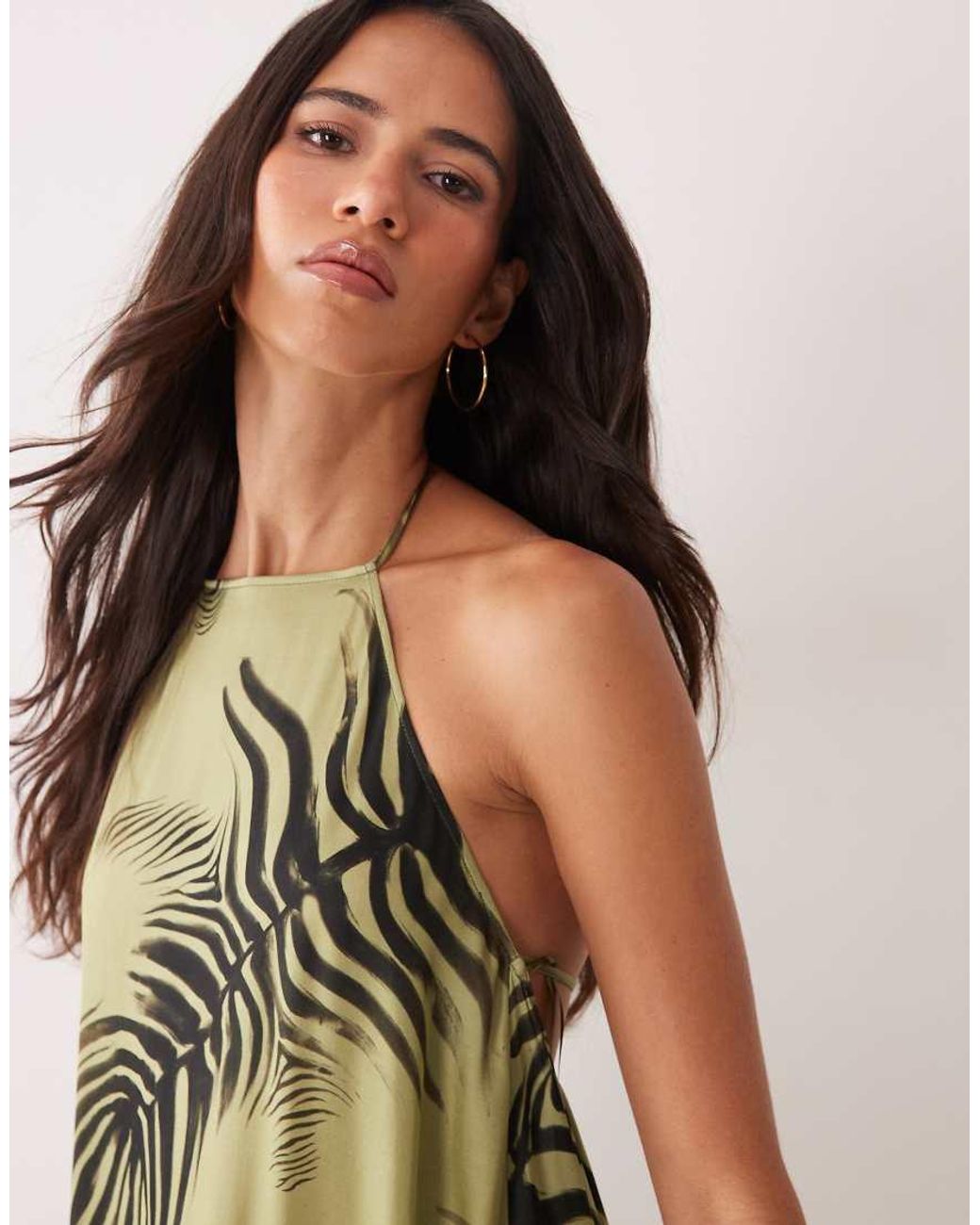 ASOS Natural Halter Neck Midi Dress With High Low Hem