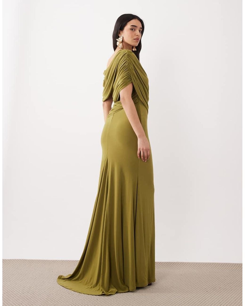 ASOS Green Off Shoulder Wrap Bodice Detail Maxi Dress With Train