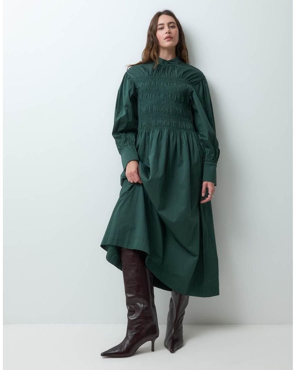 Muse Assembly Green Long Sleeve Shirred Rina Maxi Dress