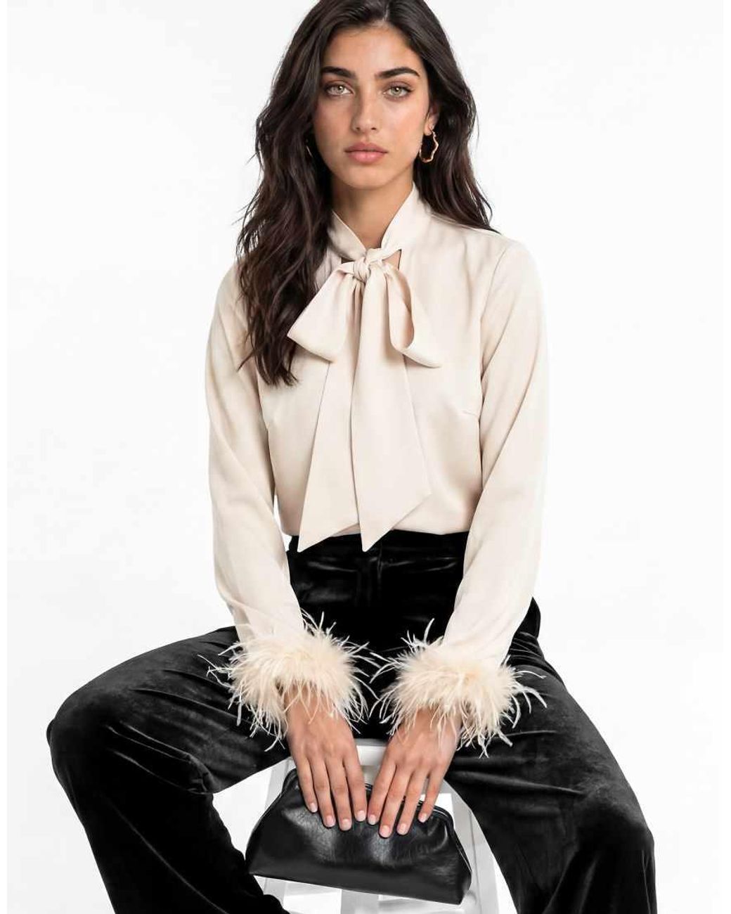 Lovedrobe White Pussybow Collar Feather Cuffs Satin Blouse