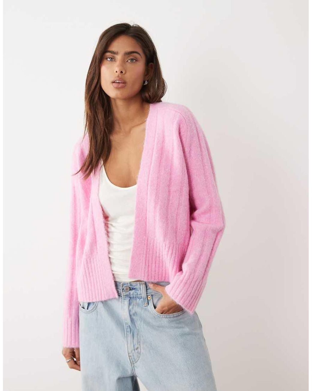 ASOS Pink Edge To Edge Cardigan With Wide Rib Knit Detailing