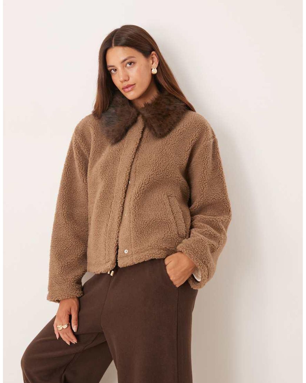 ASOS Brown Borg Fleece Jacket With Leopard Faux Fur Collar