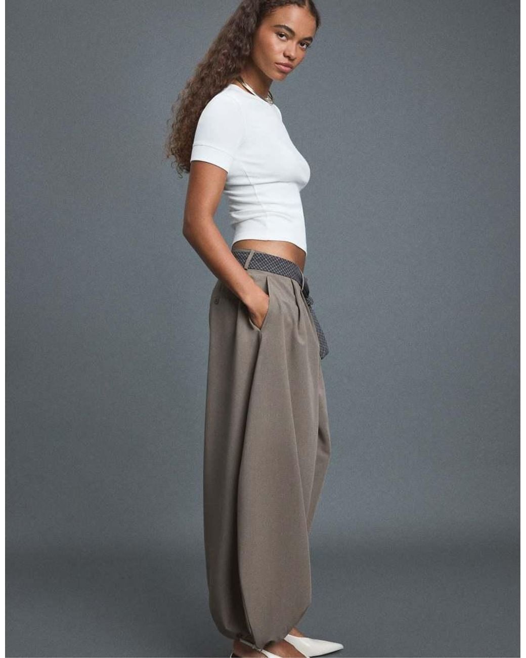 Stradivarius Gray Voluminous Sarouel Trousers With Tie Belt