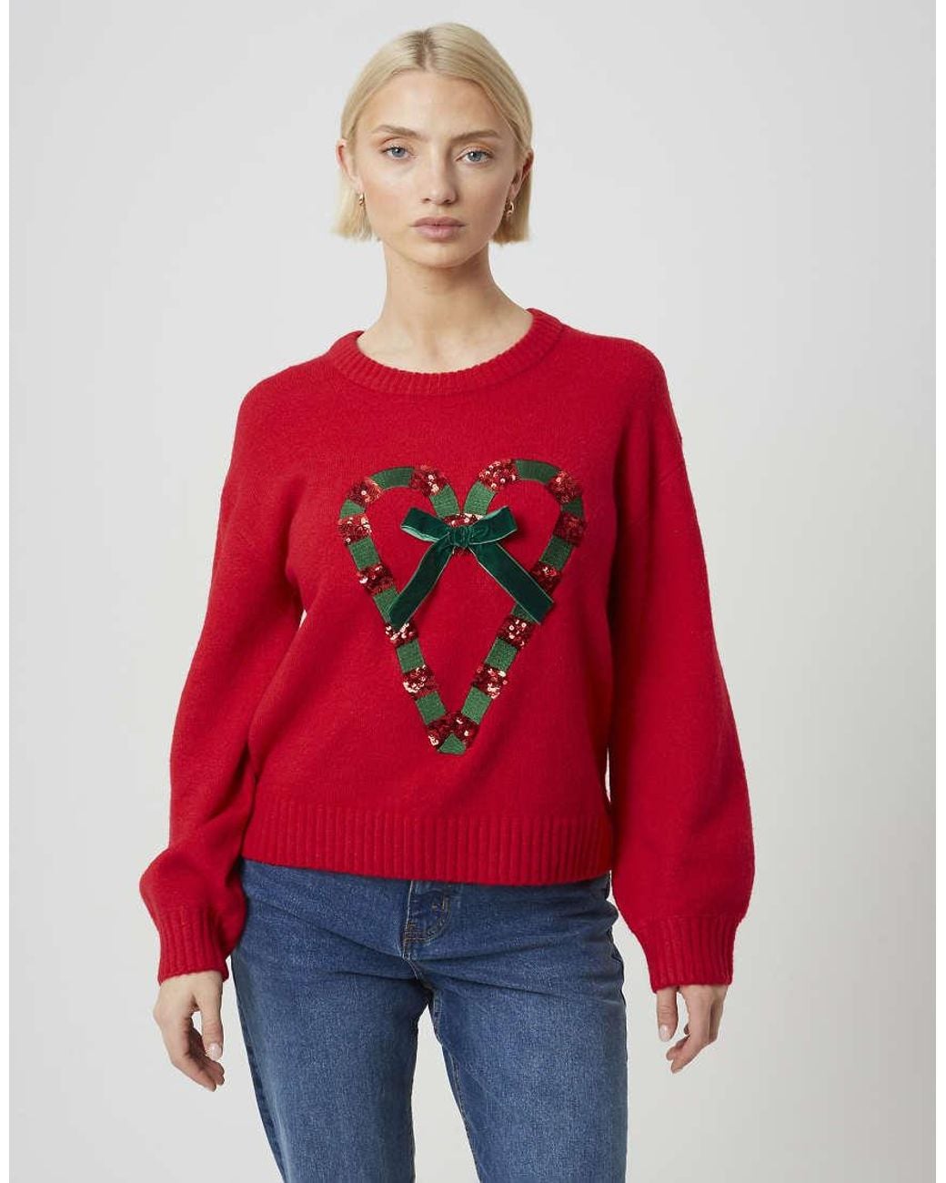 Brave Soul Red Sequin Candy Cane Christmas Jumper