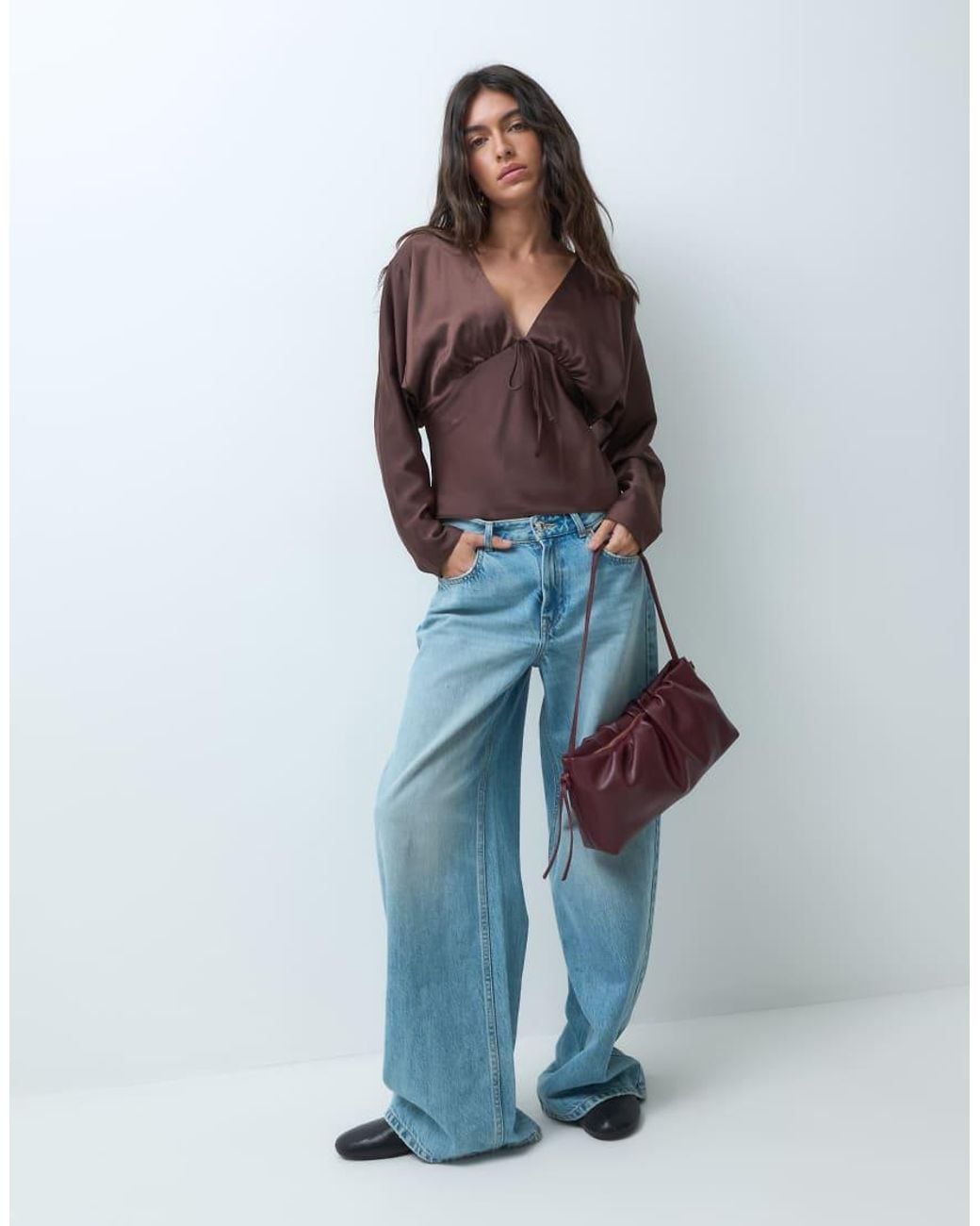 Miss Selfridge Blue Satin Long Sleeve Batwing Top