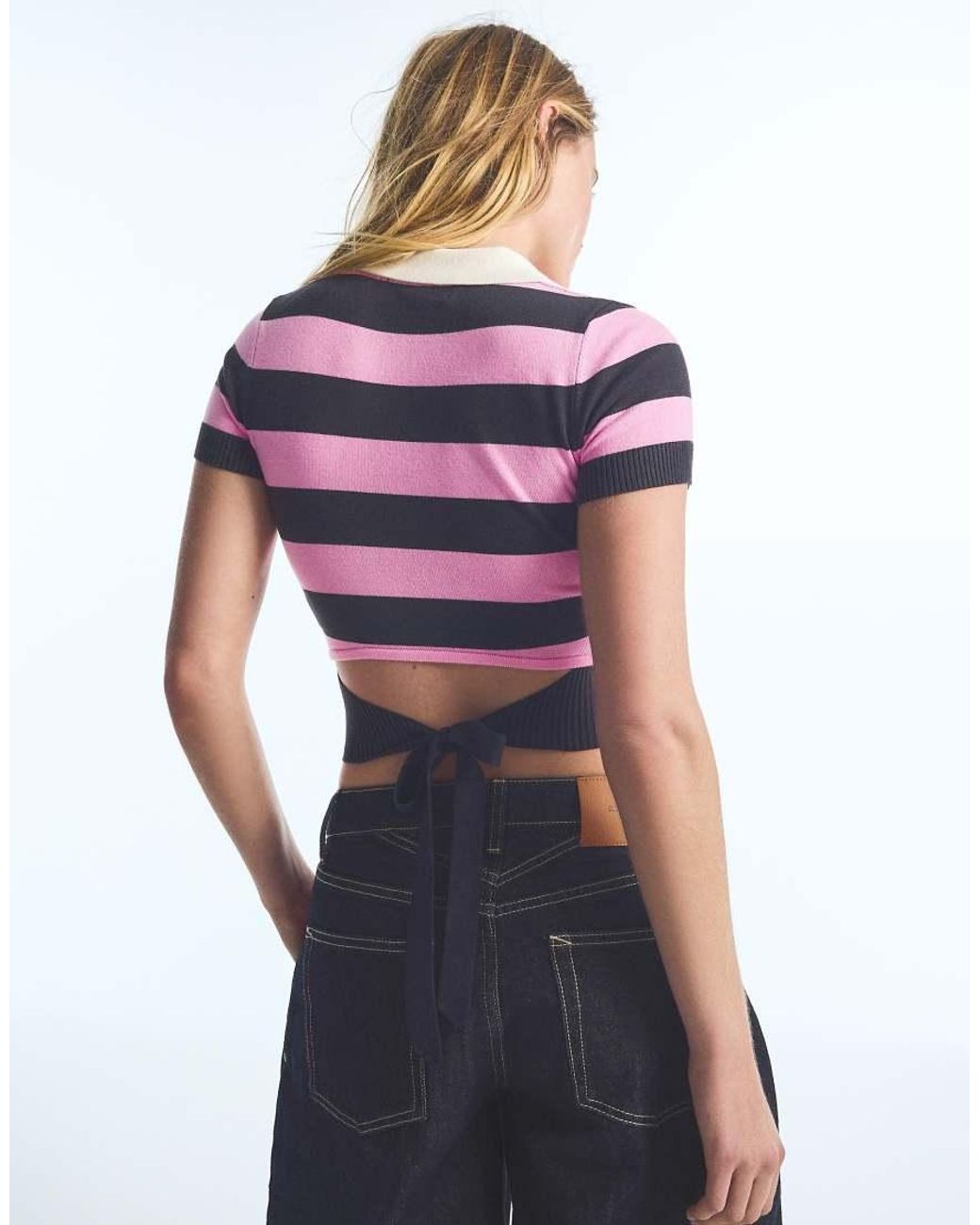 Bershka Blue Short-Sleeved Stripe Knit Jumper