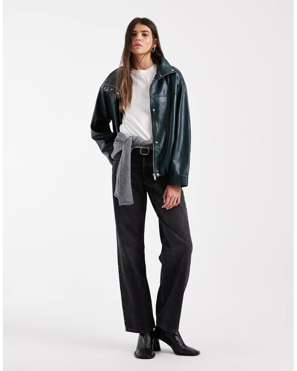 ASOS Green Clean Leather Look Funnel Bomber Jacket