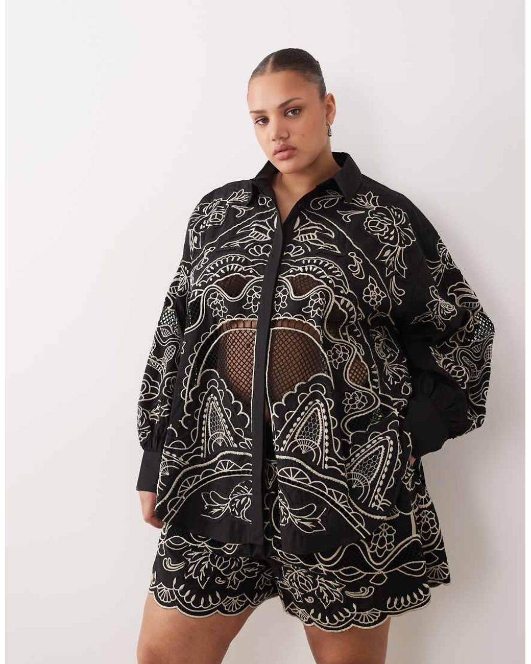 ARRANGE Black Curve Embroidered Cutwork Cotton Co-ord Shorts