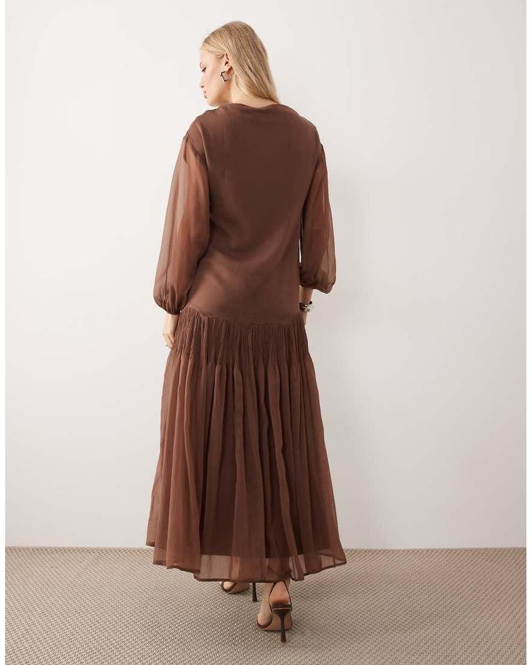 ASOS Brown Slash Neck Chiffon Godet Maxi Dress