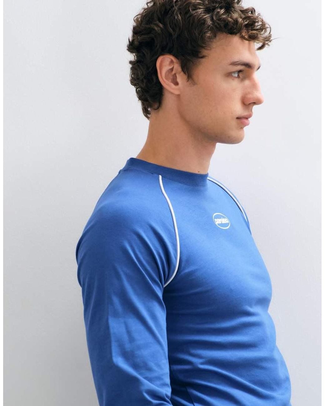 ASOS Blue Slim Fit Raglan Long Sleeve Top With Piping And Chest Logo Print for men