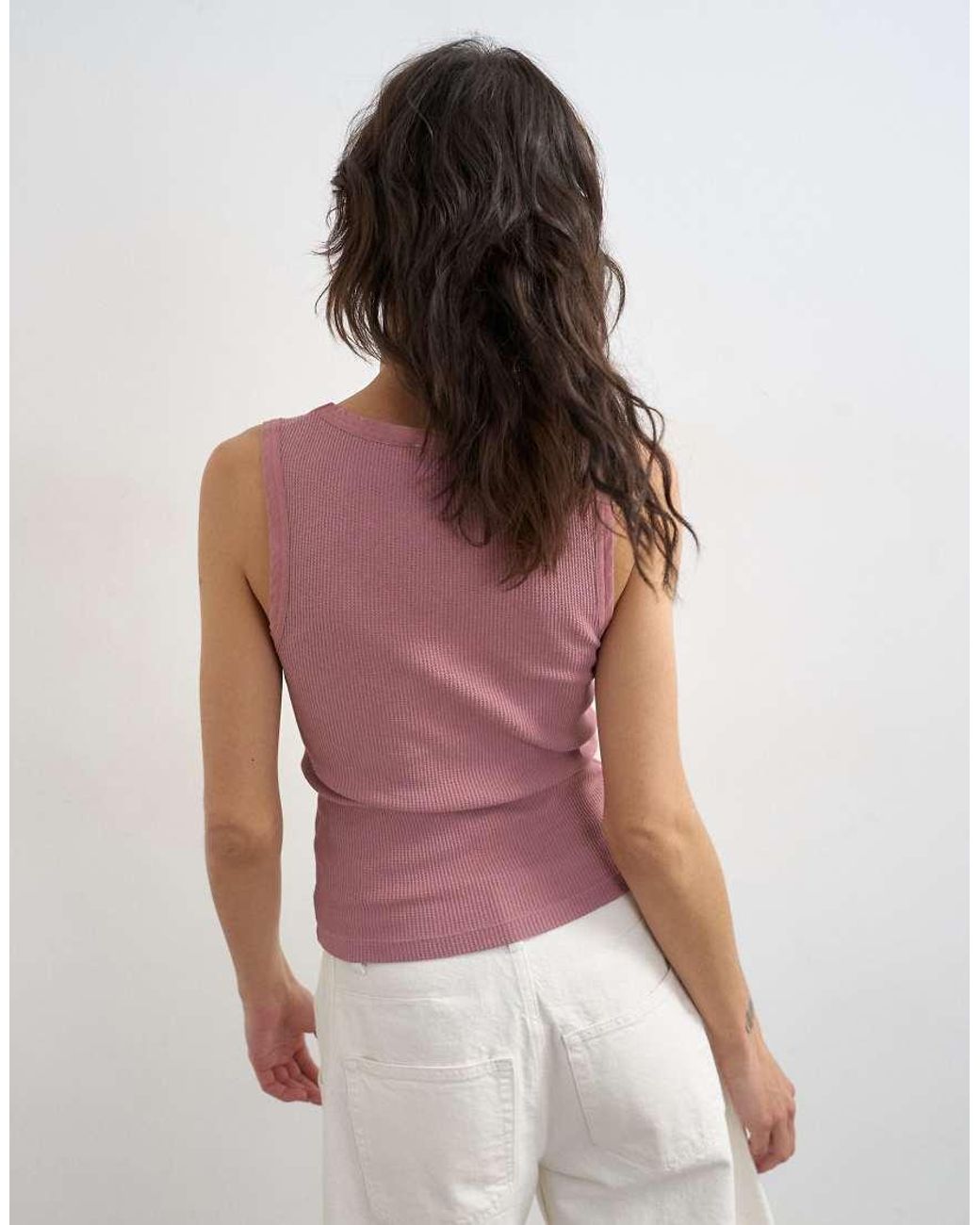 TOPSHOP Pink Washed Waffle Vest With Woven Trim