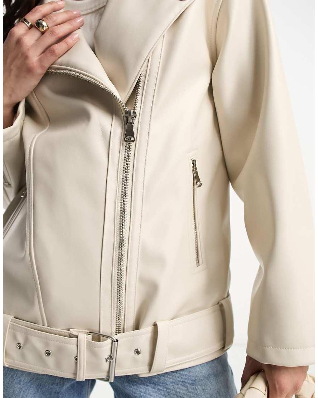 ASOS White Petite Longline Oversized Faux Leather Biker Jacket