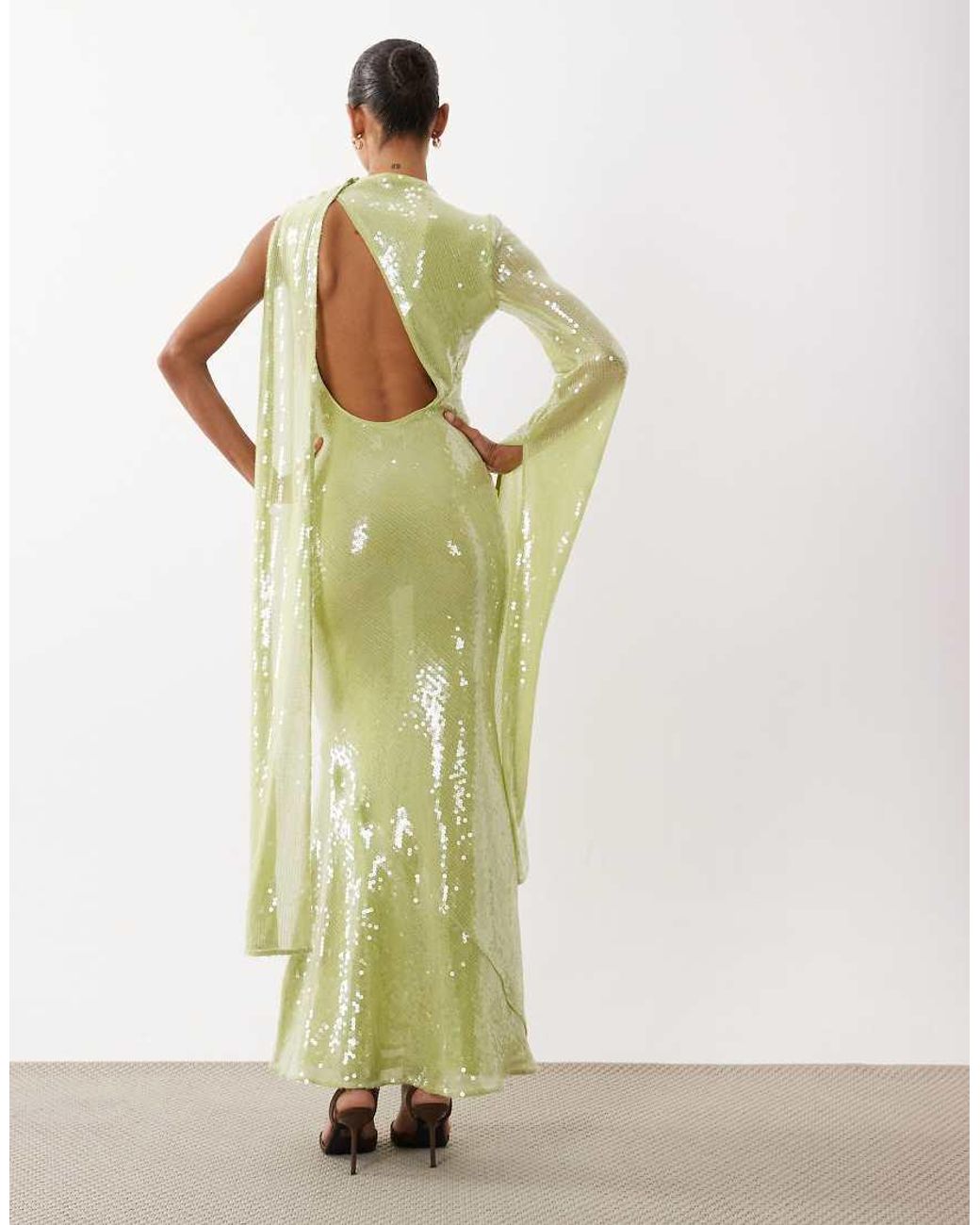 ASOS Green Sequined High Neck One Sleeve Maxi Dress